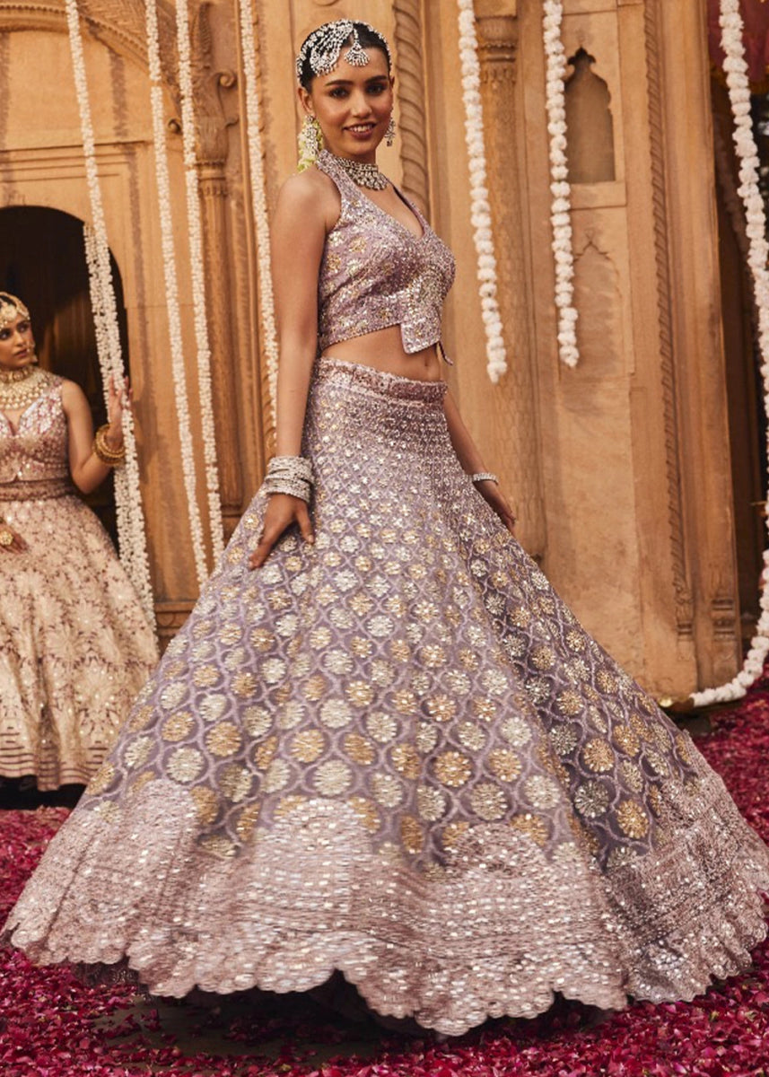 Shades Of Purple Net Lehenga Choli with Embroidery and Sparkling Sequins Work - House of Sarvati LLC