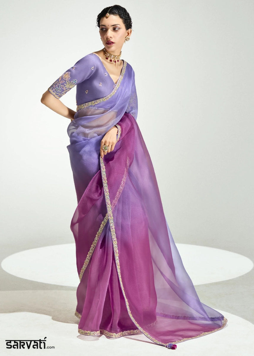 Shades Of Purple Organza Tissue Saree Paired with Embroidered Blouse - House of Sarvati LLC