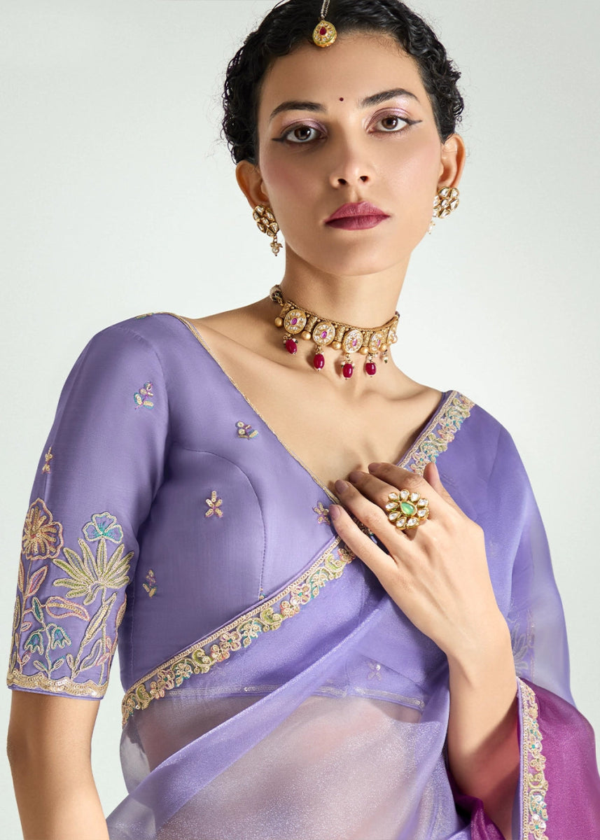 Shades Of Purple Organza Tissue Saree Paired with Embroidered Blouse - House of Sarvati LLC