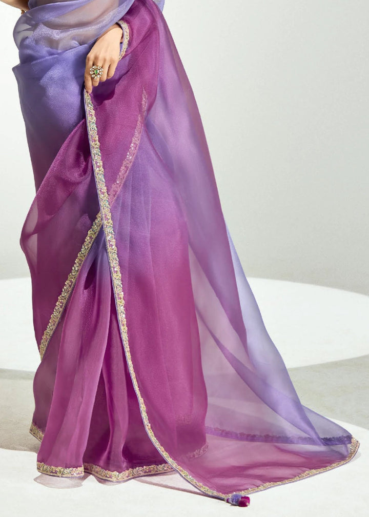 Shades Of Purple Organza Tissue Saree Paired with Embroidered Blouse - House of Sarvati LLC