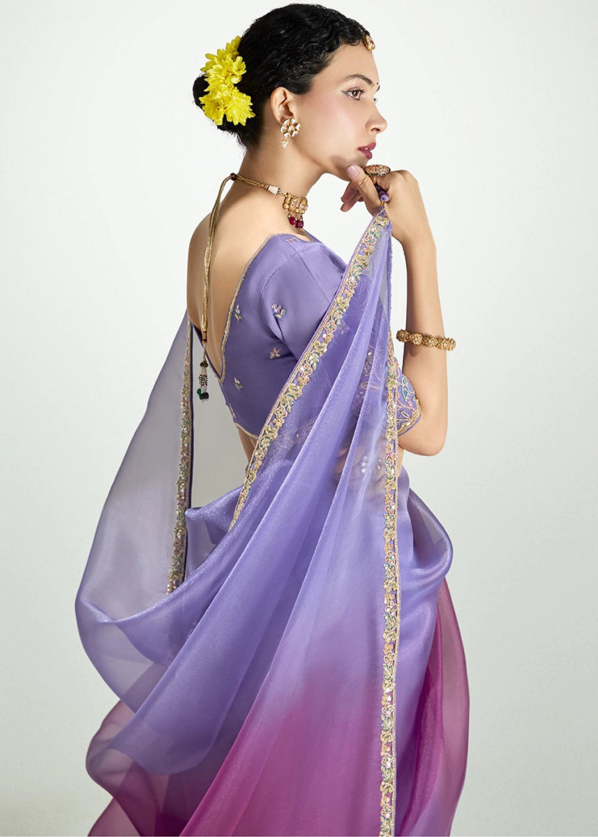 Shades Of Purple Organza Tissue Saree Paired with Embroidered Blouse - House of Sarvati LLC