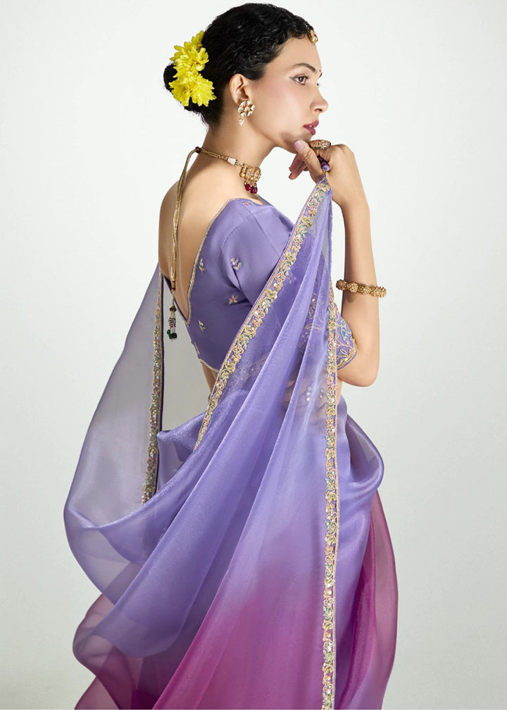 Shades Of Purple Organza Tissue Saree Paired with Embroidered Blouse - House of Sarvati LLC