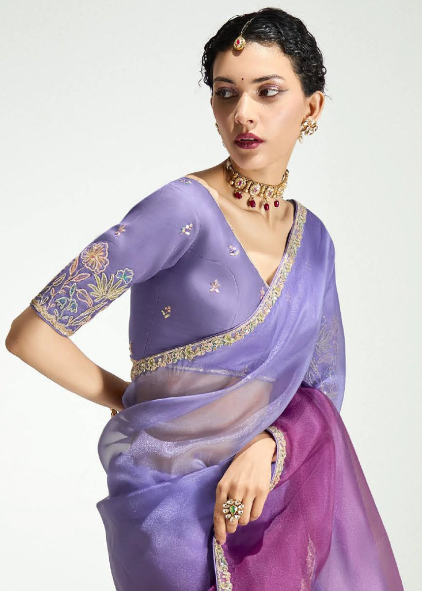 Shades Of Purple Organza Tissue Saree Paired with Embroidered Blouse - House of Sarvati LLC