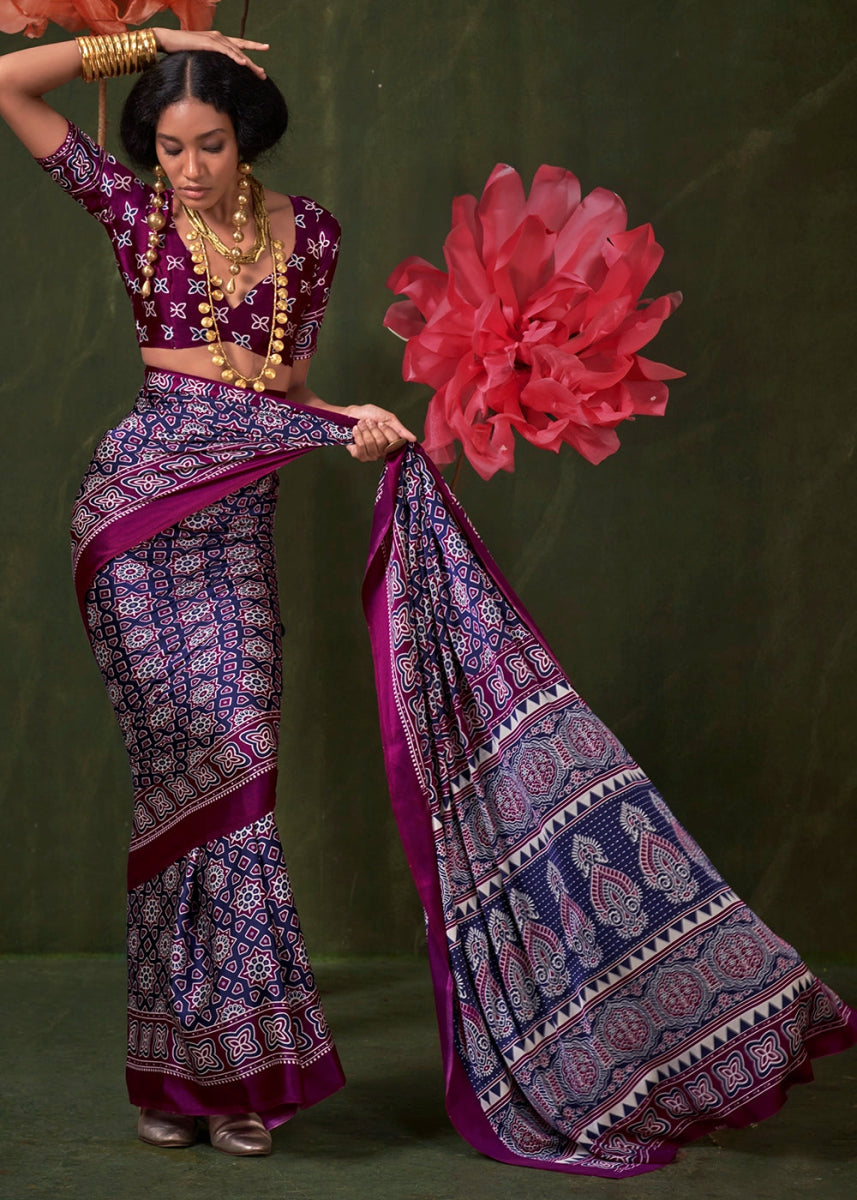 Shades Of Purple Satin Crepe Saree Featuring Rich Ajrakh Prints - House of Sarvati LLC