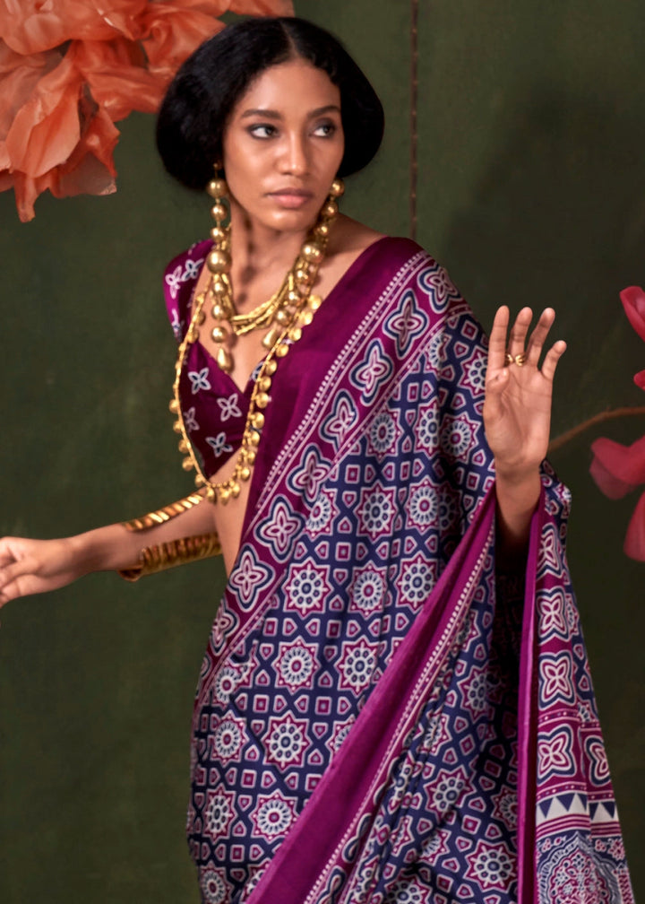 Shades Of Purple Satin Crepe Saree Featuring Rich Ajrakh Prints - House of Sarvati LLC