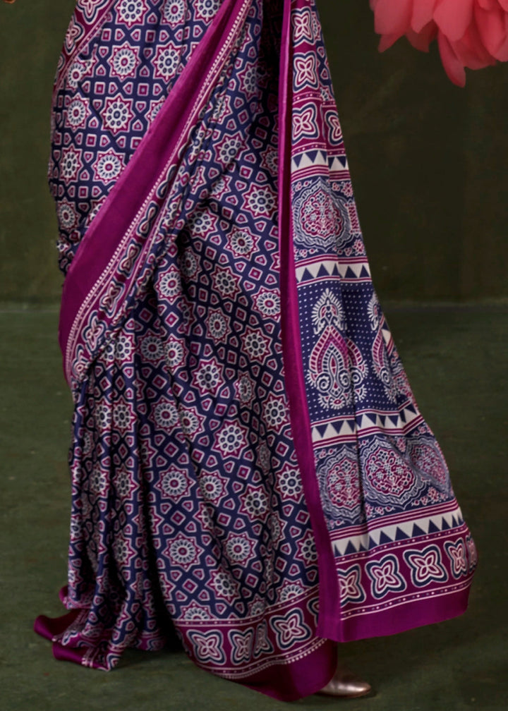 Shades Of Purple Satin Crepe Saree Featuring Rich Ajrakh Prints - House of Sarvati LLC