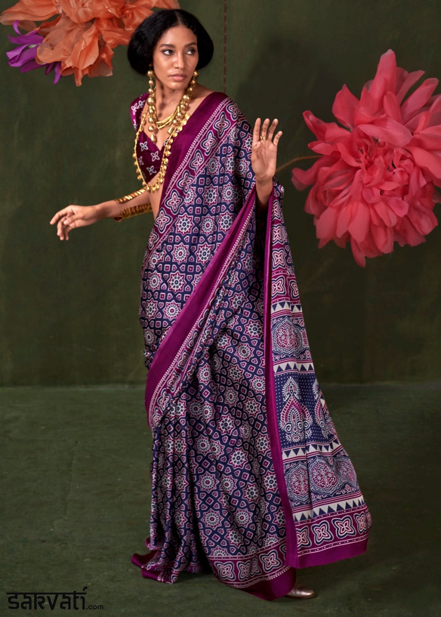 Shades Of Purple Satin Crepe Saree Featuring Rich Ajrakh Prints - House of Sarvati LLC