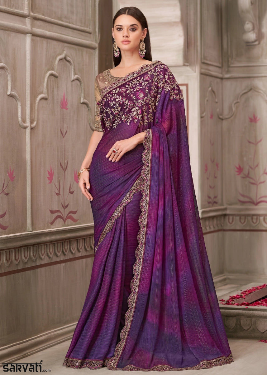 Shades Of Purple Shimmer Satin Georgette Saree With Detailed Embroidery And Luxe Appeal - House of Sarvati LLC