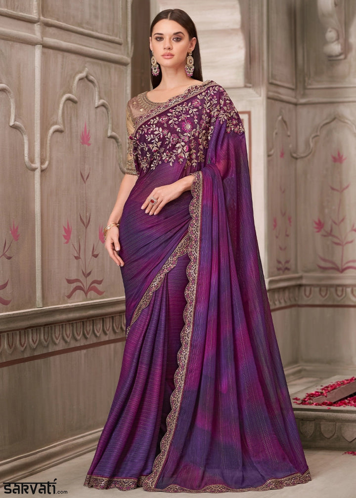 Shades Of Purple Shimmer Satin Georgette Saree With Detailed Embroidery And Luxe Appeal - House of Sarvati LLC