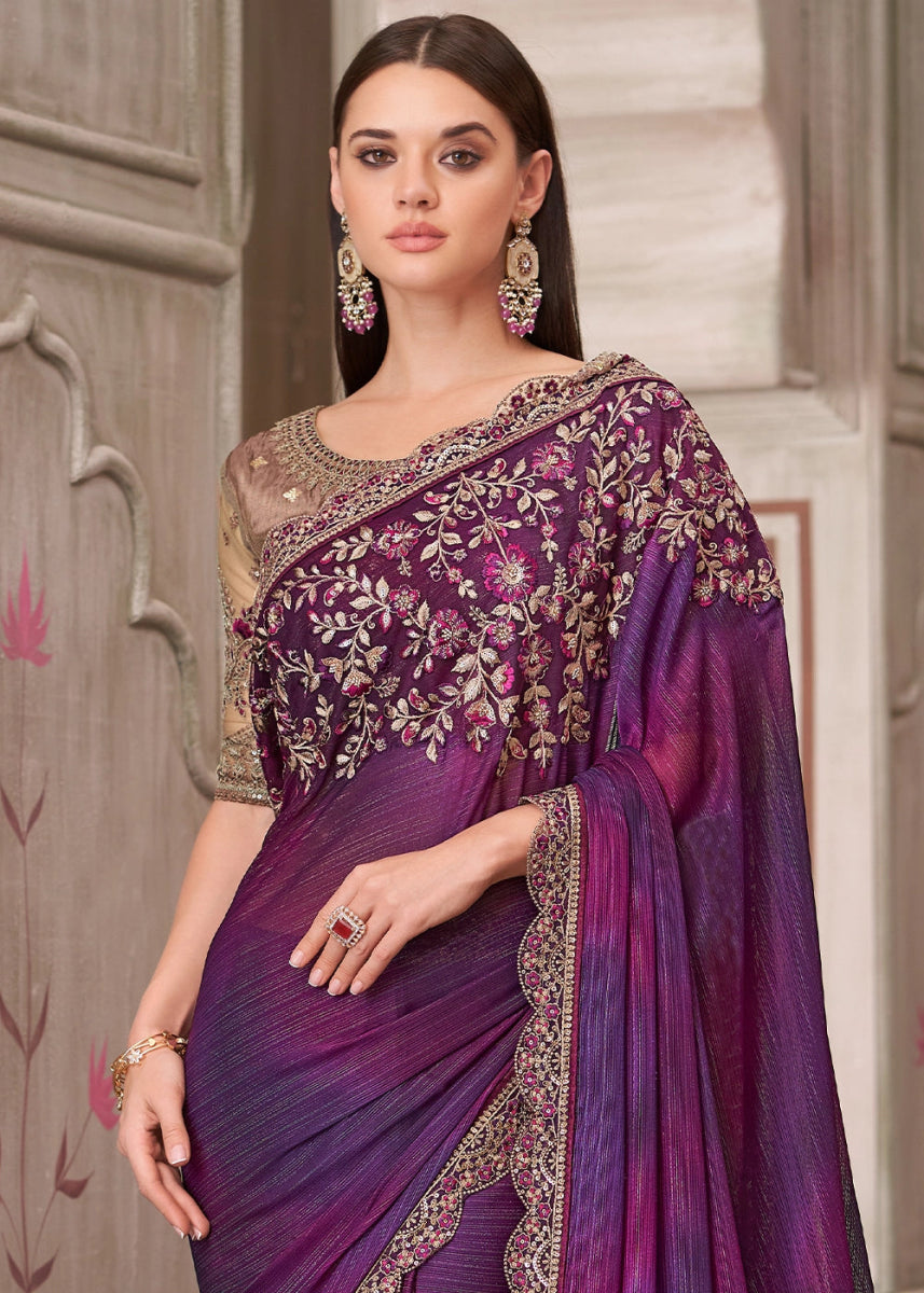 Shades Of Purple Shimmer Satin Georgette Saree With Detailed Embroidery And Luxe Appeal - House of Sarvati LLC