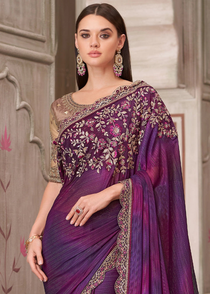Shades Of Purple Shimmer Satin Georgette Saree With Detailed Embroidery And Luxe Appeal - House of Sarvati LLC