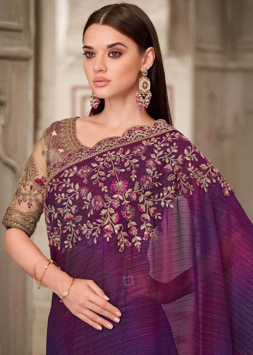 Shades Of Purple Shimmer Satin Georgette Saree With Detailed Embroidery And Luxe Appeal - House of Sarvati LLC