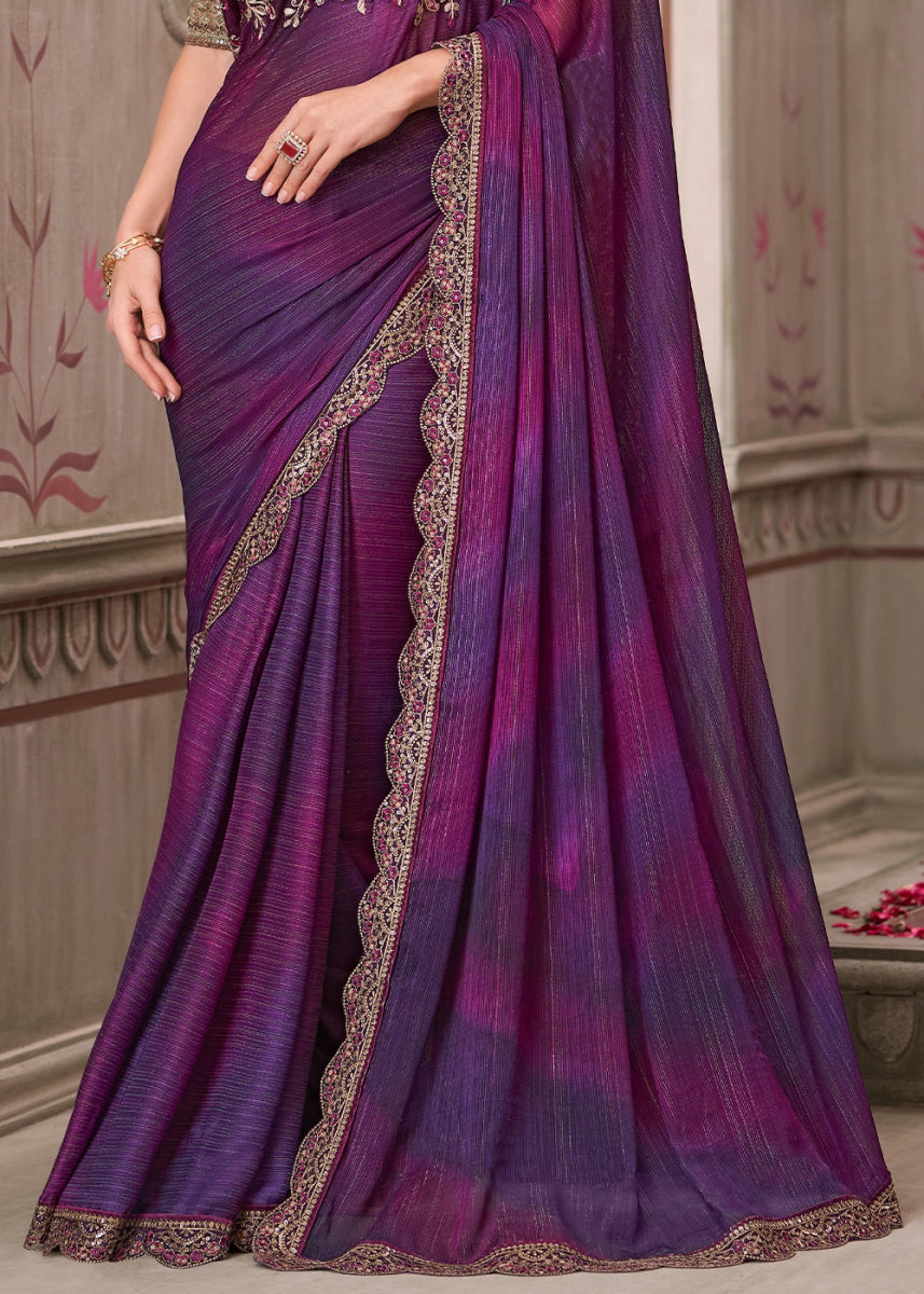 Shades Of Purple Shimmer Satin Georgette Saree With Detailed Embroidery And Luxe Appeal - House of Sarvati LLC