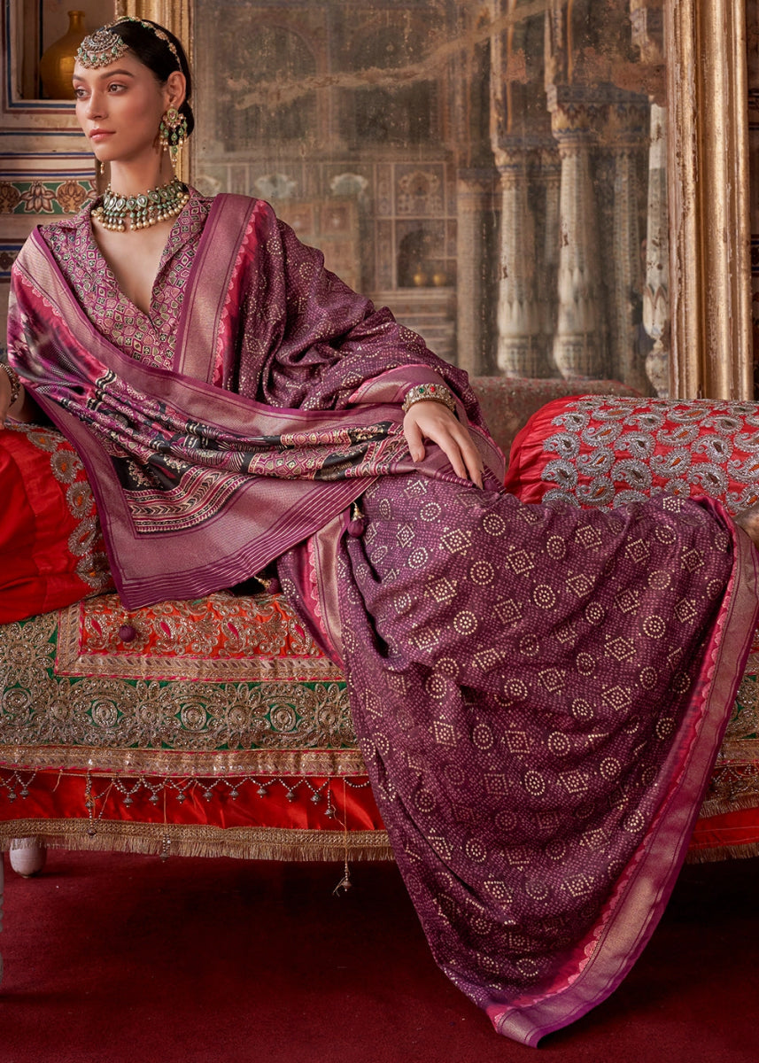 Shades of Purple Silk Saree with Printed Patterns - House of Sarvati LLC