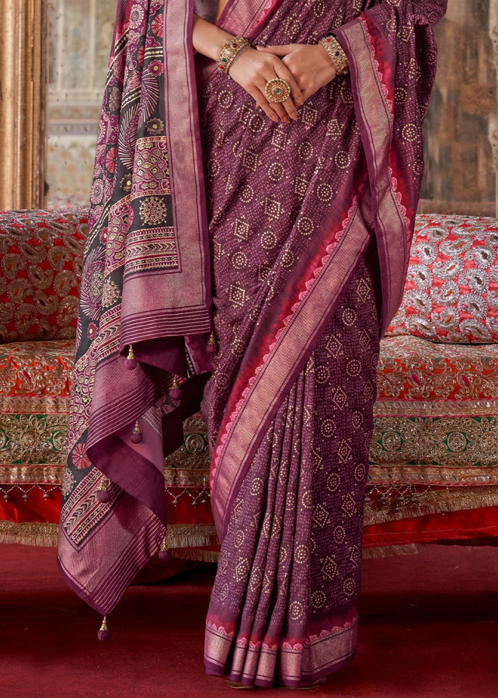 Shades of Purple Silk Saree with Printed Patterns - House of Sarvati LLC