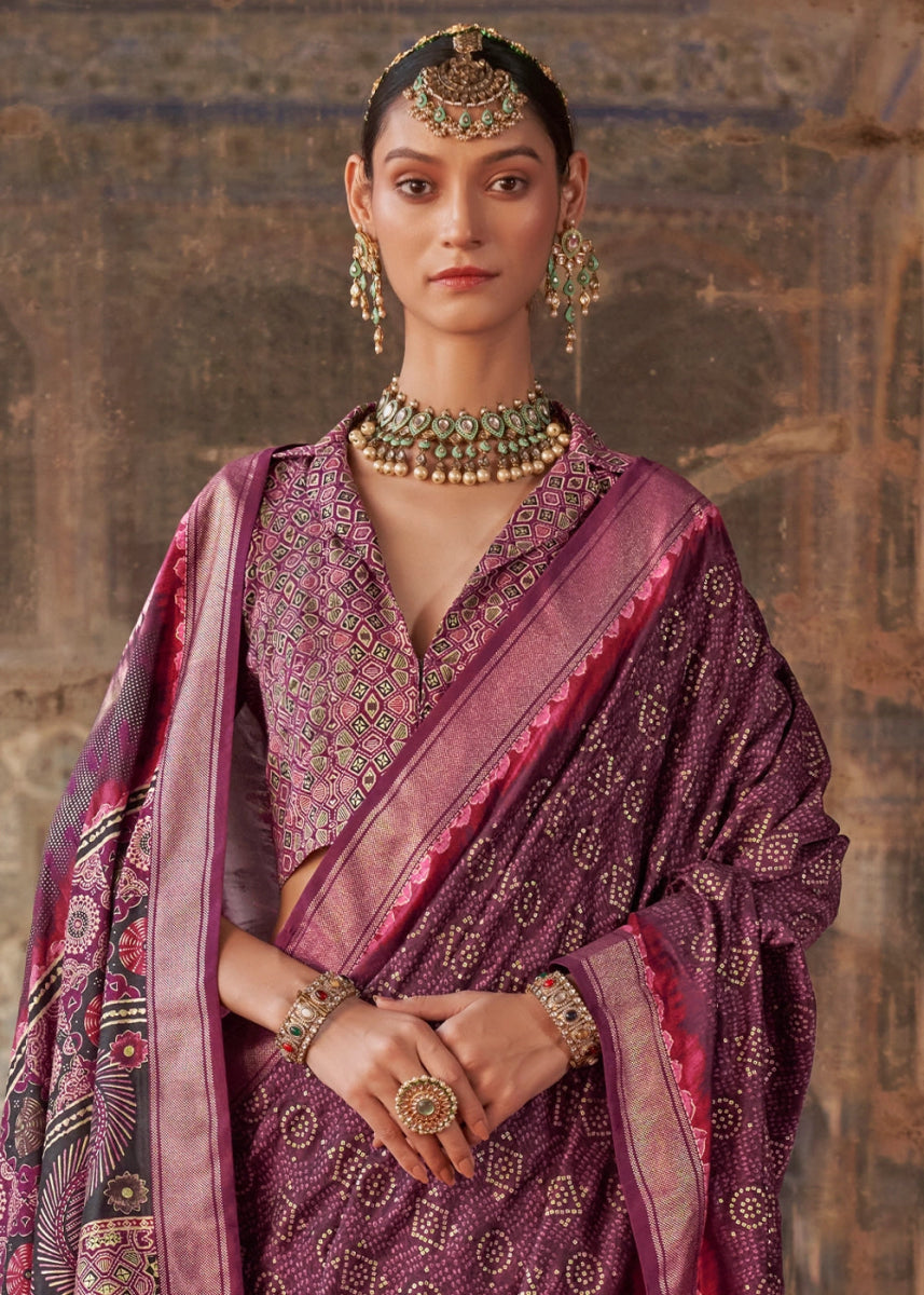 Shades of Purple Silk Saree with Printed Patterns - House of Sarvati LLC