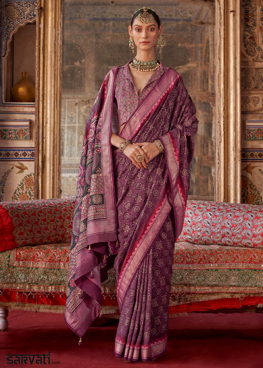 Shades of Purple Silk Saree with Printed Patterns - House of Sarvati LLC