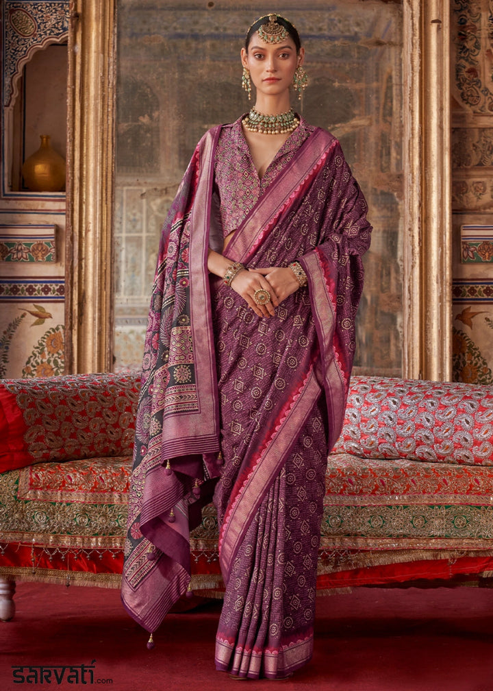 Shades of Purple Silk Saree with Printed Patterns - House of Sarvati LLC