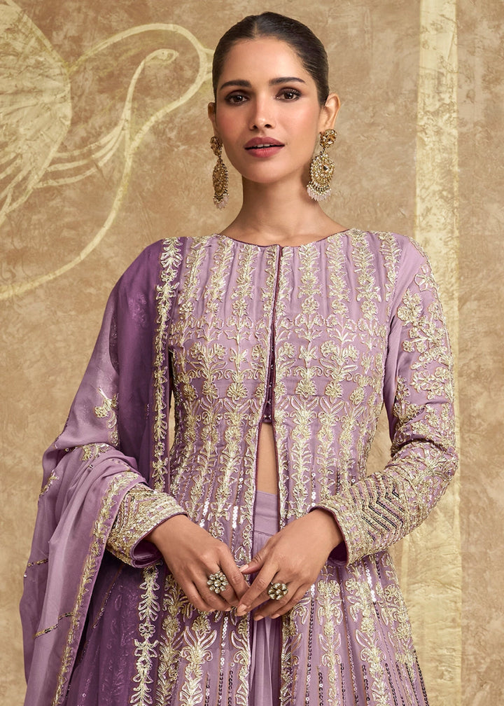 Shades Of Purple Skirt and Top in Georgette with Stylish Long Jacket - House of Sarvati LLC