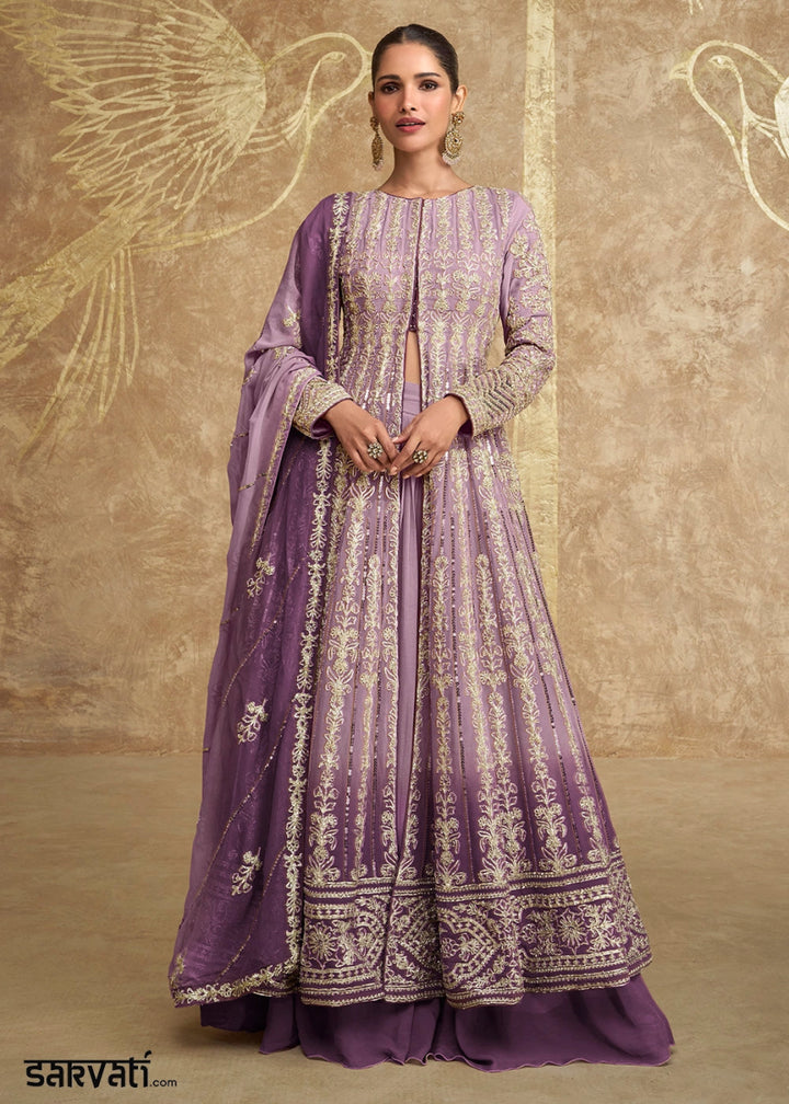 Shades Of Purple Skirt and Top in Georgette with Stylish Long Jacket - House of Sarvati LLC
