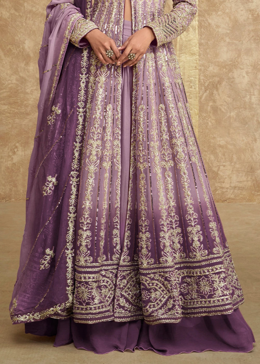 Shades Of Purple Skirt and Top in Georgette with Stylish Long Jacket - House of Sarvati LLC