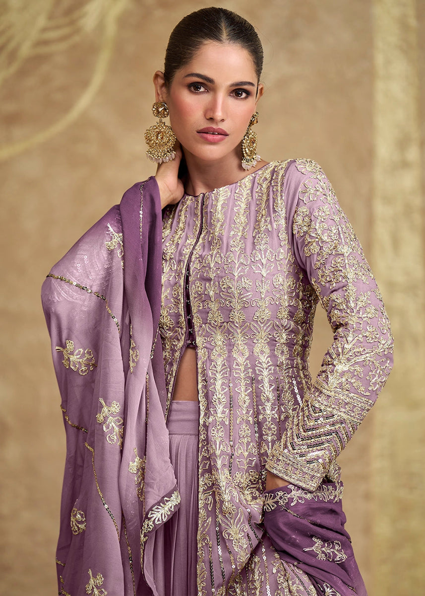 Shades Of Purple Skirt and Top in Georgette with Stylish Long Jacket - House of Sarvati LLC