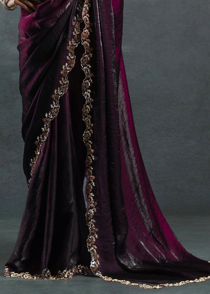Shades Of Purple Two Tone Satin Silk Saree with Intricate Zarkan & cut work Border - House of Sarvati LLC