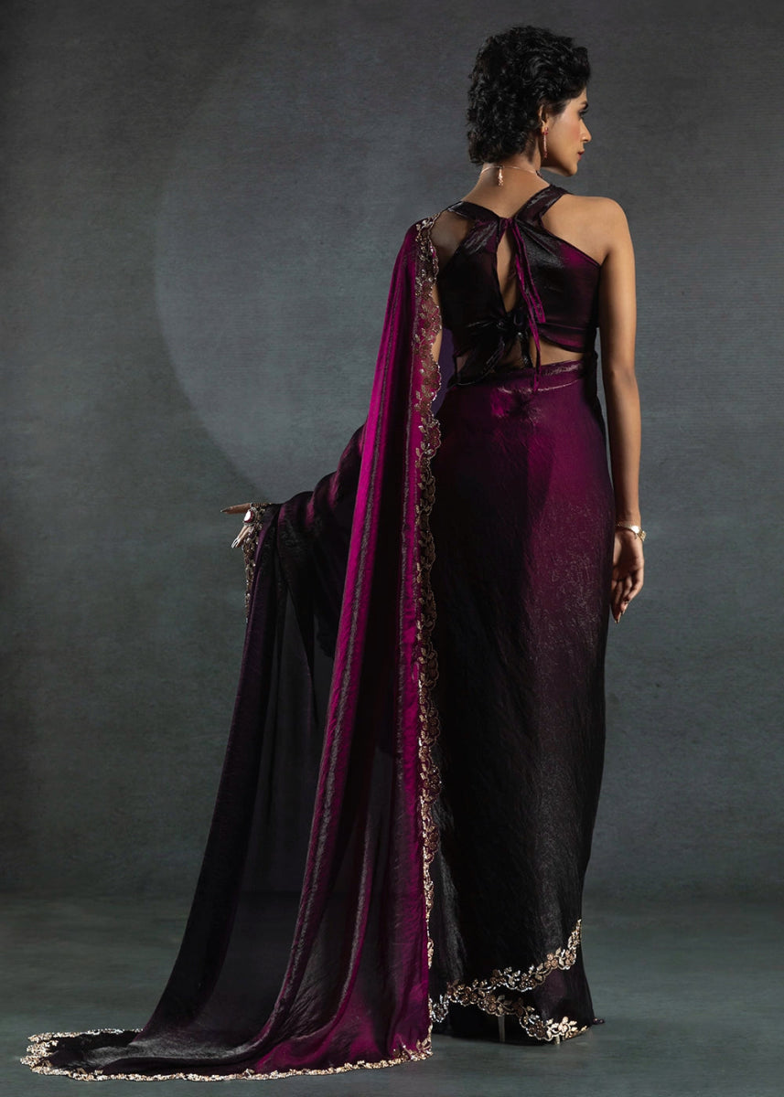 Shades Of Purple Two Tone Satin Silk Saree with Intricate Zarkan & cut work Border - House of Sarvati LLC