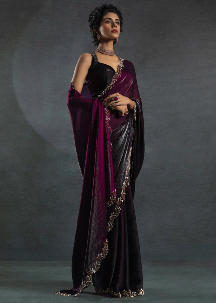Shades Of Purple Two Tone Satin Silk Saree with Intricate Zarkan & cut work Border - House of Sarvati LLC