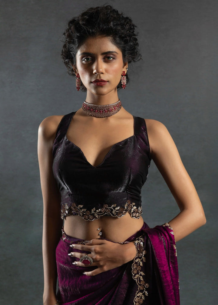 Shades Of Purple Two Tone Satin Silk Saree with Intricate Zarkan & cut work Border - House of Sarvati LLC