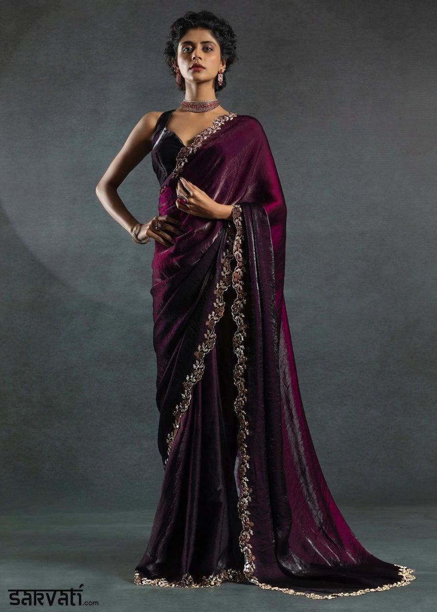 Shades Of Purple Two Tone Satin Silk Saree with Intricate Zarkan & cut work Border - House of Sarvati LLC
