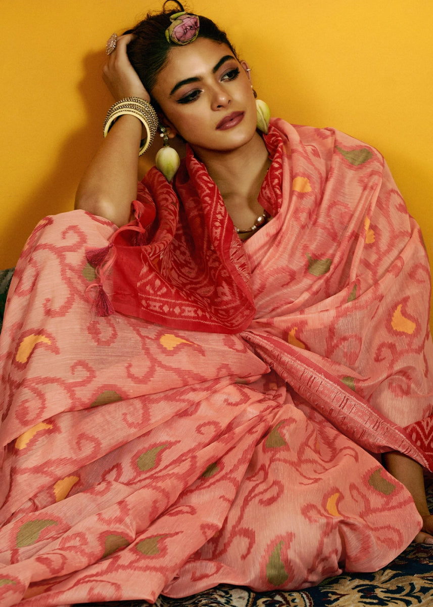 Shades Of Red Handwoven Spun Cotton Saree with Floral Prints - House of Sarvati LLC