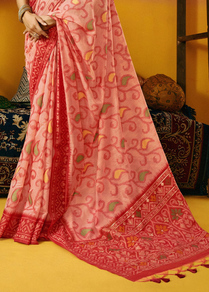 Shades Of Red Handwoven Spun Cotton Saree with Floral Prints - House of Sarvati LLC