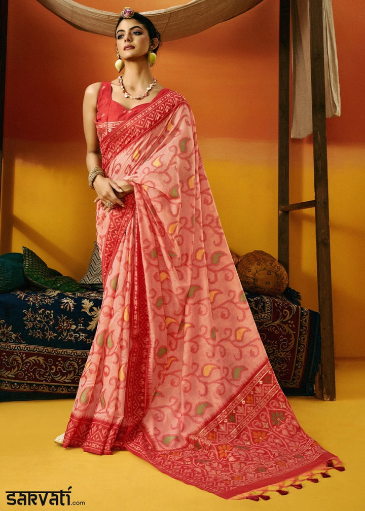 Shades Of Red Handwoven Spun Cotton Saree with Floral Prints - House of Sarvati LLC