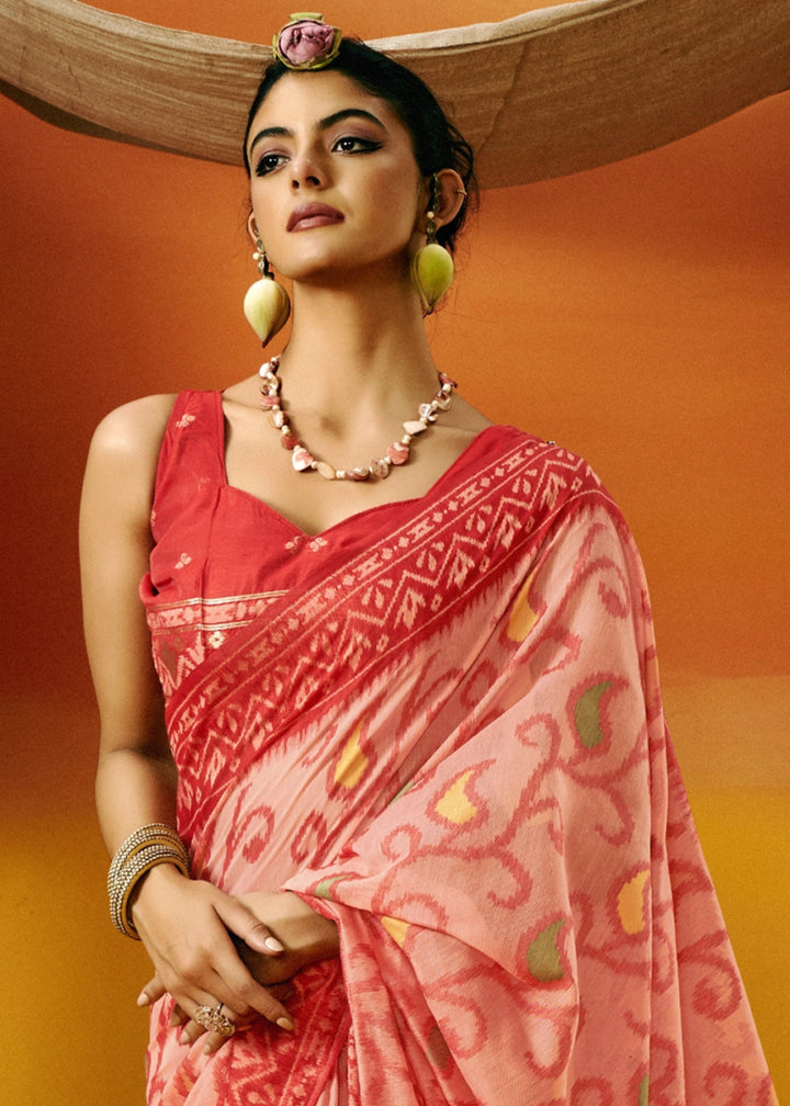 Shades Of Red Handwoven Spun Cotton Saree with Floral Prints - House of Sarvati LLC
