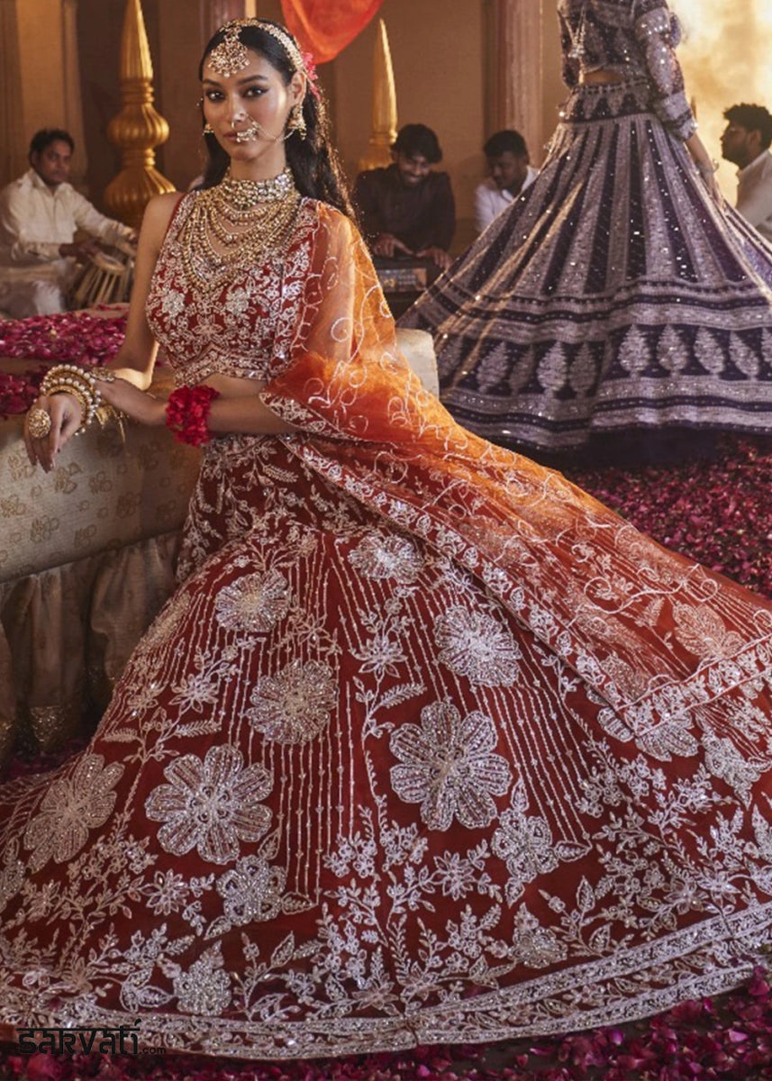Shades Of Red Net Lehenga Choli with Embroidery and Sparkling Sequins Work - House of Sarvati LLC