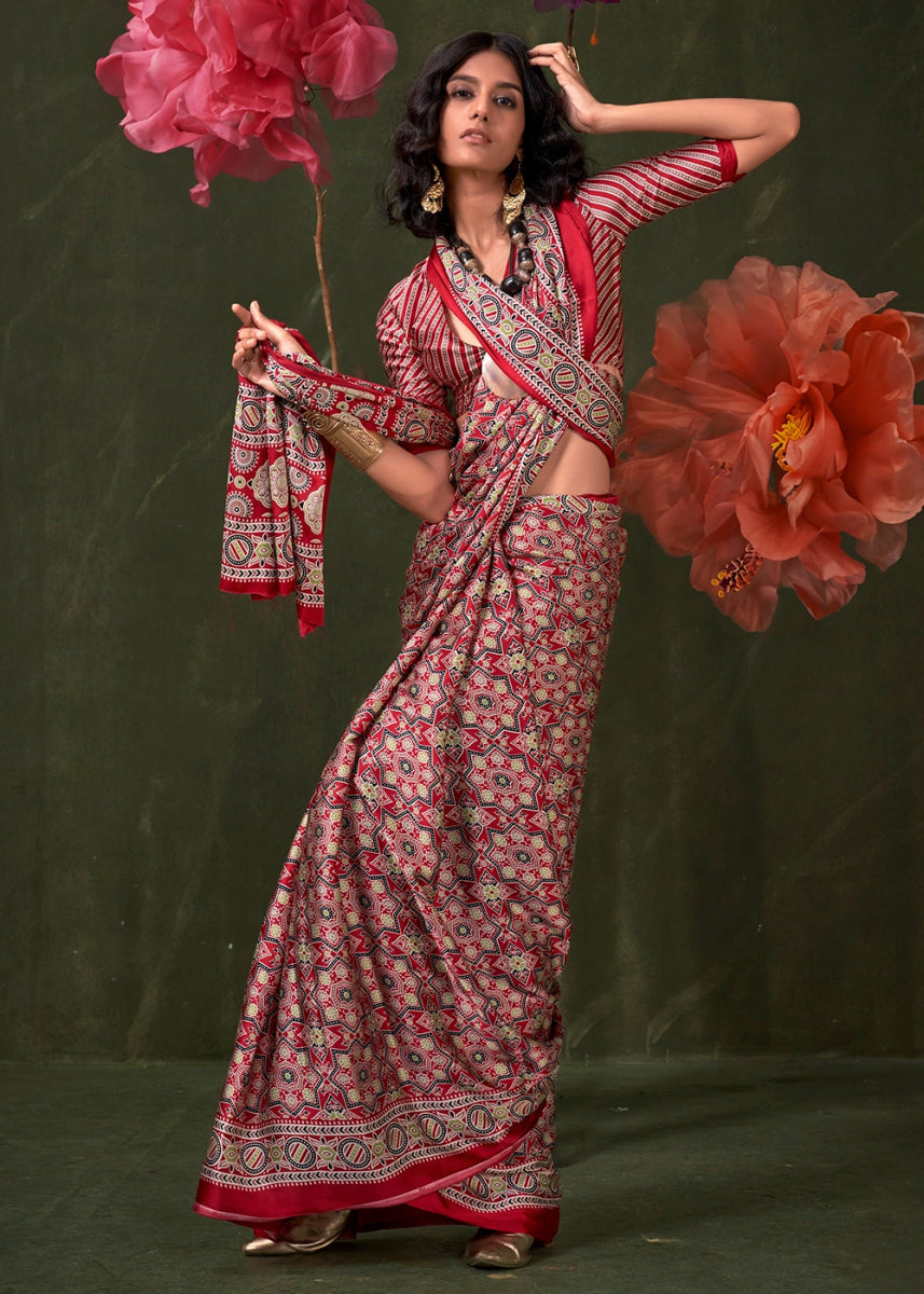 Shades Of Red Satin Crepe Saree Featuring Rich Ajrakh Prints - House of Sarvati LLC