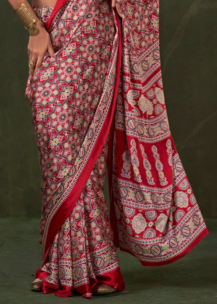 Shades Of Red Satin Crepe Saree Featuring Rich Ajrakh Prints - House of Sarvati LLC