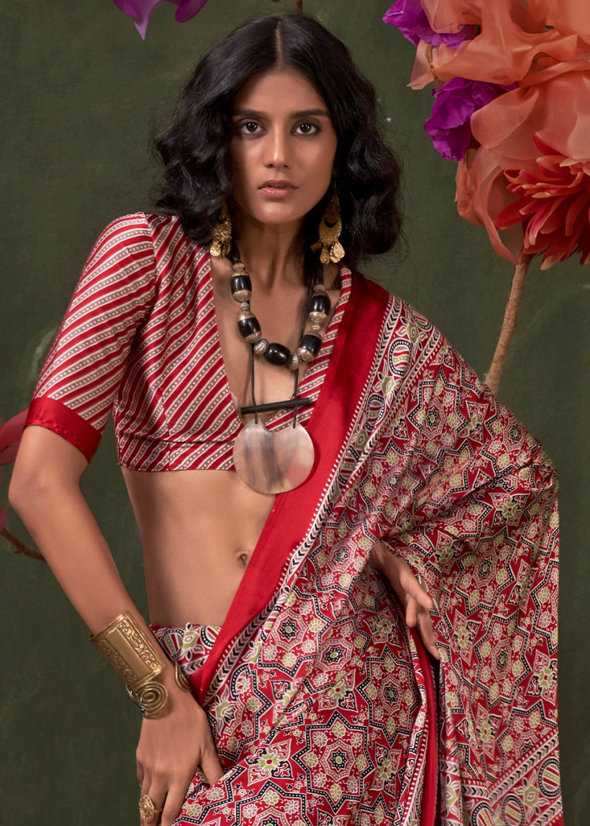Shades Of Red Satin Crepe Saree Featuring Rich Ajrakh Prints - House of Sarvati LLC