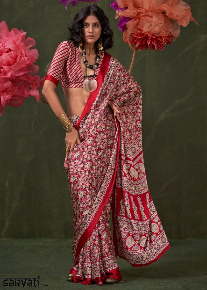 Shades Of Red Satin Crepe Saree Featuring Rich Ajrakh Prints - House of Sarvati LLC