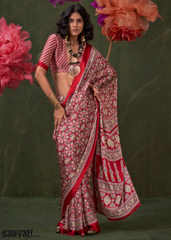 Shades Of Red Satin Crepe Saree Featuring Rich Ajrakh Prints - House of Sarvati LLC