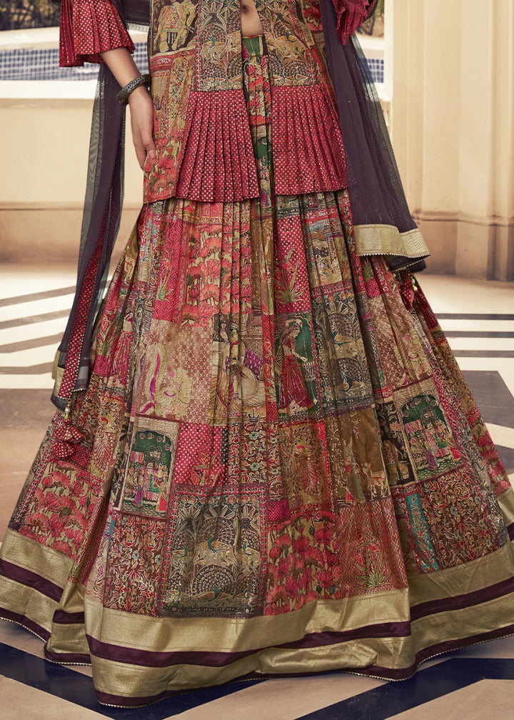 Shades of Red Silk Lehenga Choli Ensemble with Elegant Print & Embroidery - House of Sarvati LLC