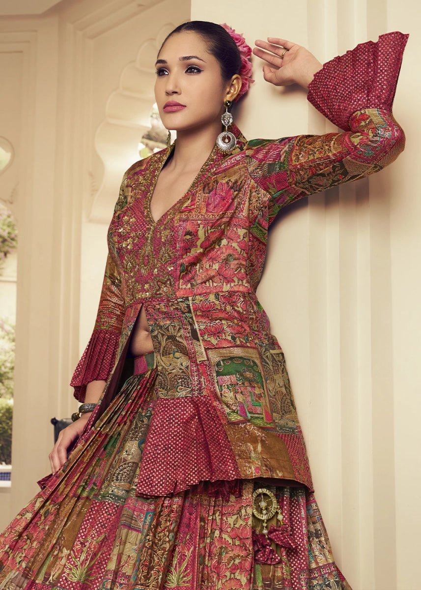 Shades of Red Silk Lehenga Choli Ensemble with Elegant Print & Embroidery - House of Sarvati LLC