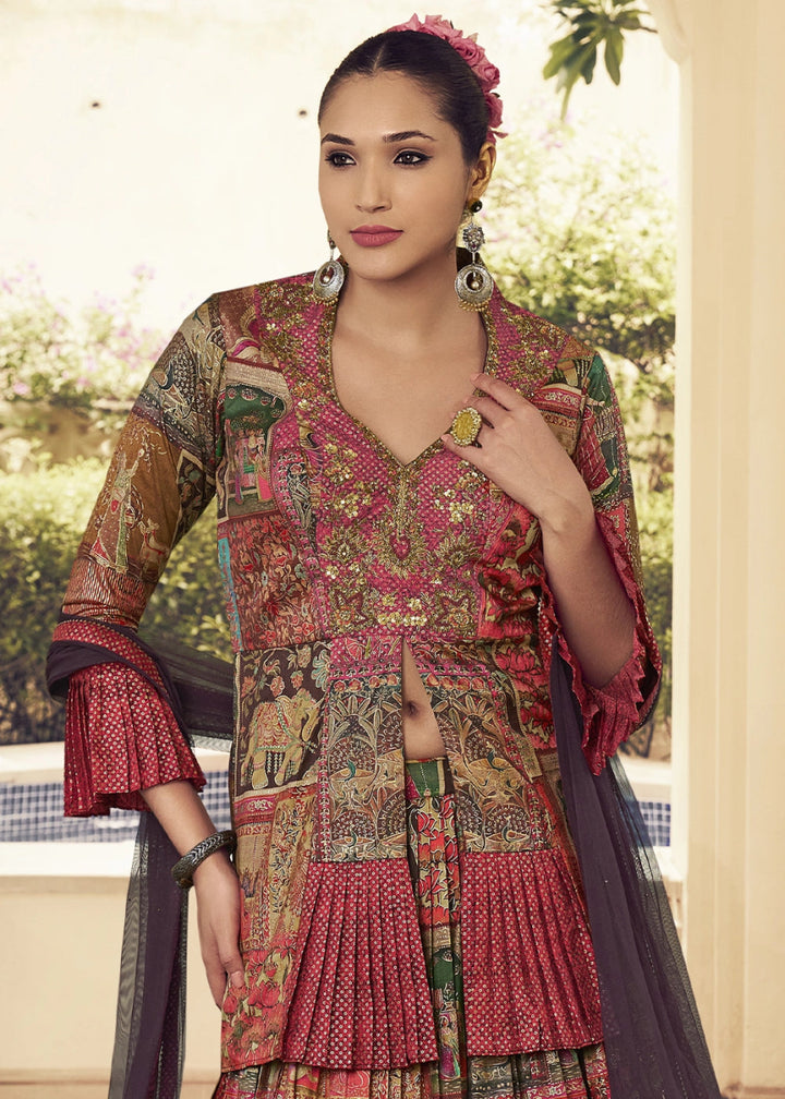 Shades of Red Silk Lehenga Choli Ensemble with Elegant Print & Embroidery - House of Sarvati LLC