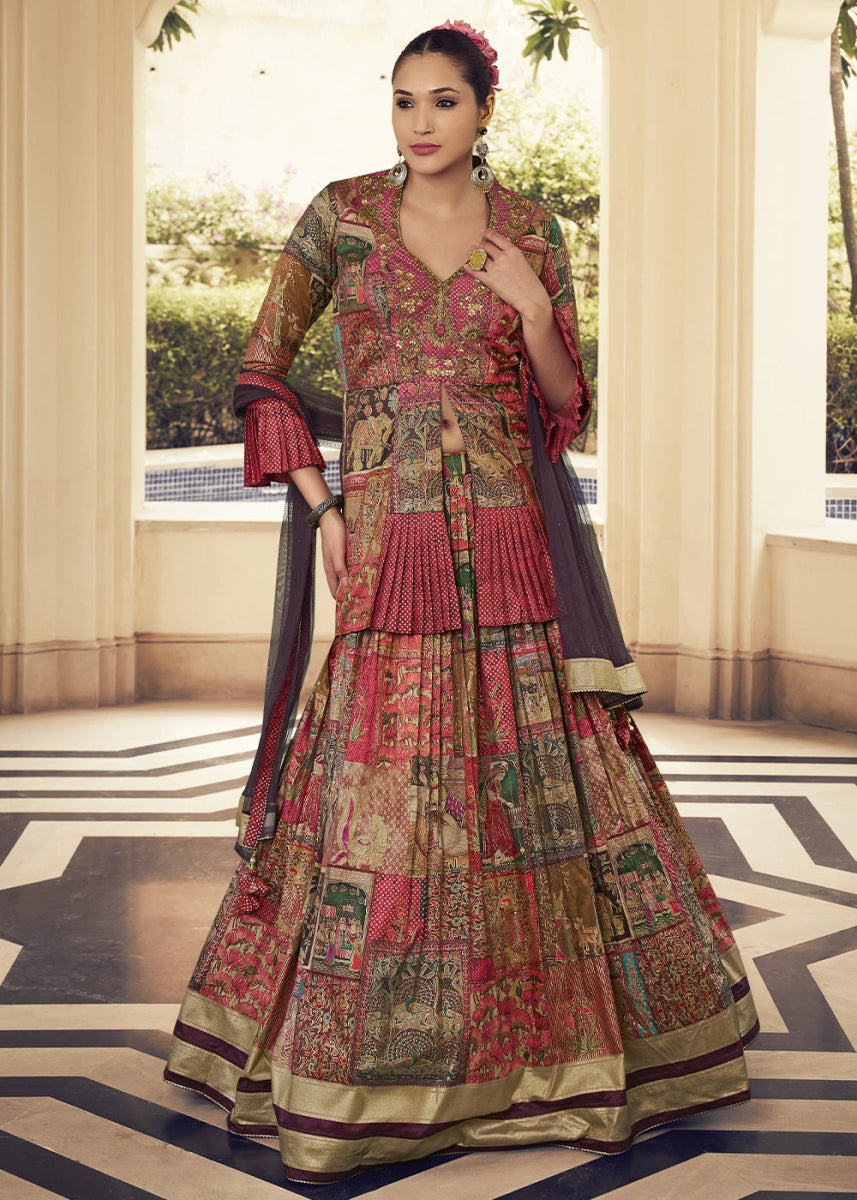 Shades of Red Silk Lehenga Choli Ensemble with Elegant Print & Embroidery - House of Sarvati LLC