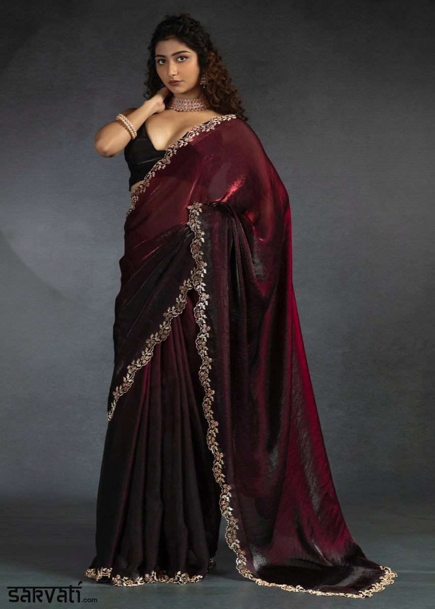 Shades Of Red Two Tone Satin Silk Saree with Intricate Zarkan & cut work Border - House of Sarvati LLC