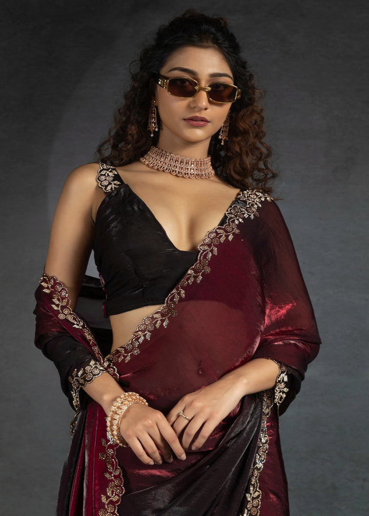 Shades Of Red Two Tone Satin Silk Saree with Intricate Zarkan & cut work Border - House of Sarvati LLC