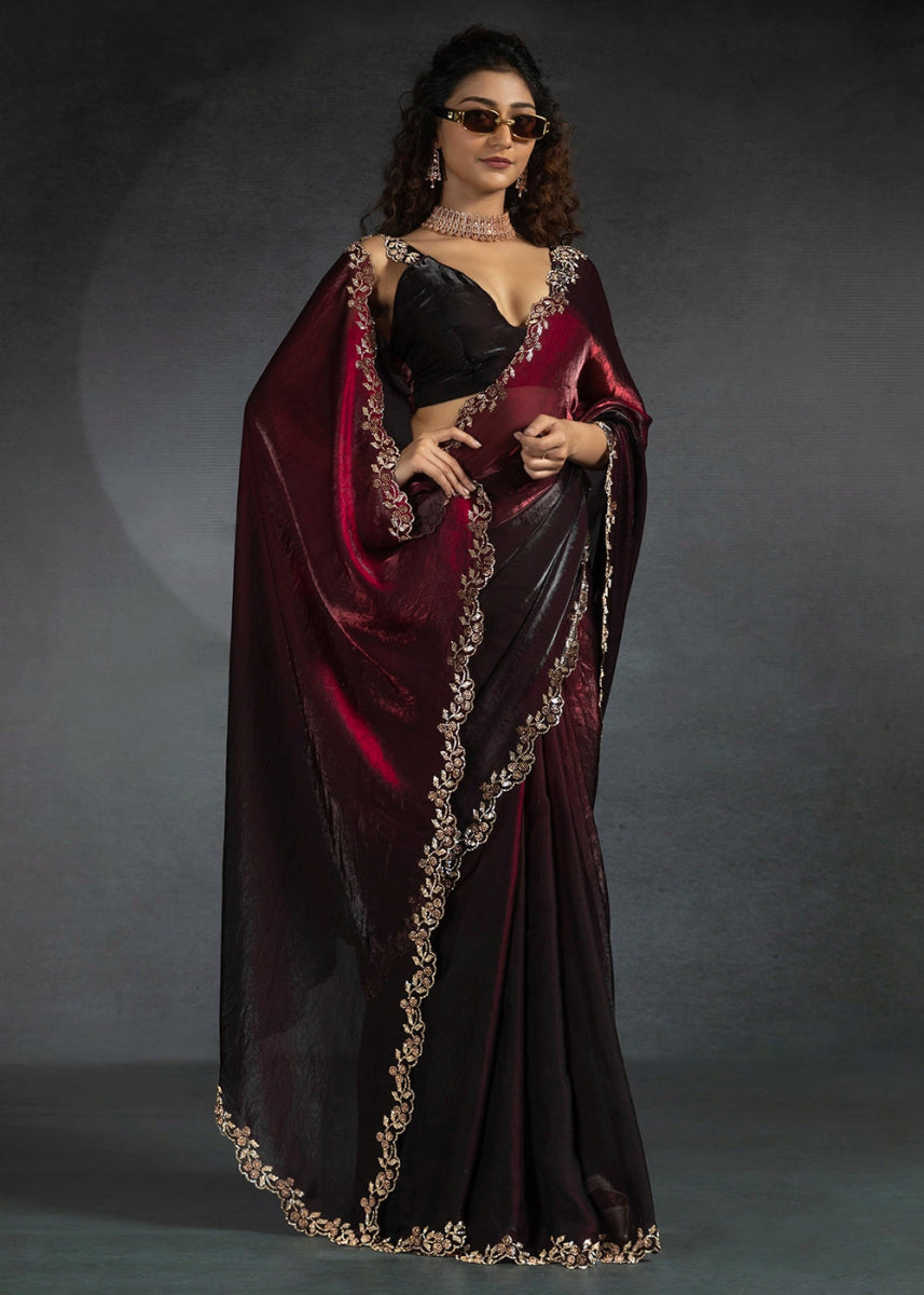 Shades Of Red Two Tone Satin Silk Saree with Intricate Zarkan & cut work Border - House of Sarvati LLC