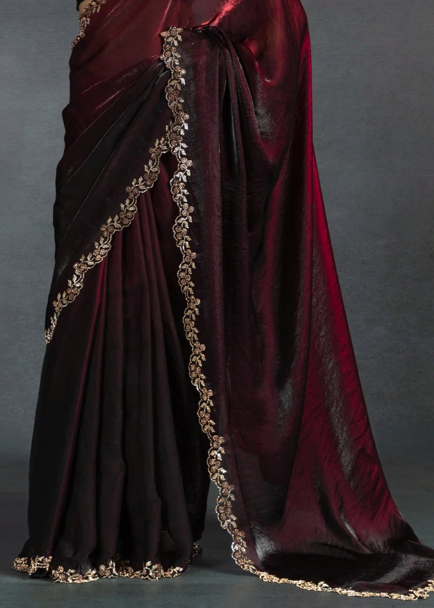 Shades Of Red Two Tone Satin Silk Saree with Intricate Zarkan & cut work Border - House of Sarvati LLC