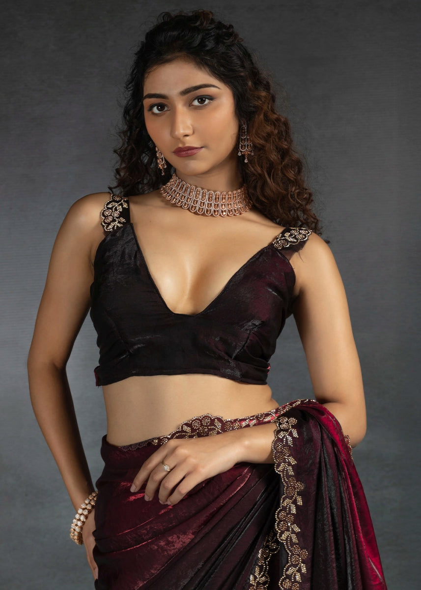 Shades Of Red Two Tone Satin Silk Saree with Intricate Zarkan & cut work Border - House of Sarvati LLC
